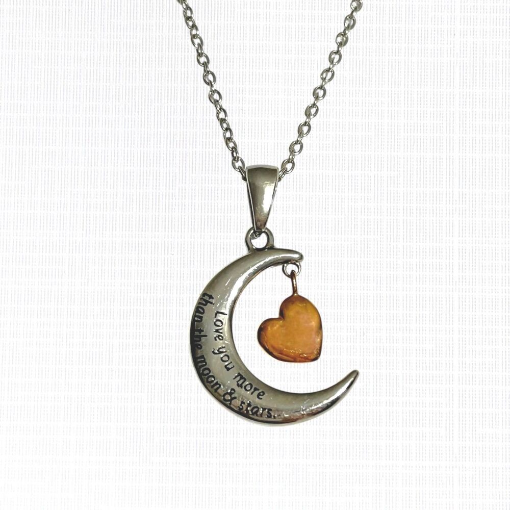 Moon Dangle Heart Pendant Necklace Love You More Stainless Steel Silver Tone 20"